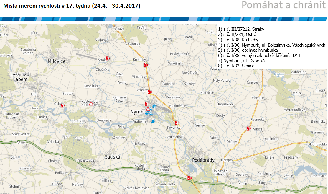 Mapa míst měření rychlosti na 17. týden